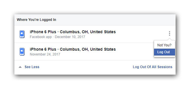 Facebook Security seciton: Where You're Logged In