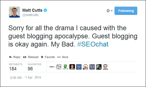 Matt Cutts Tweet on Guest Blogging