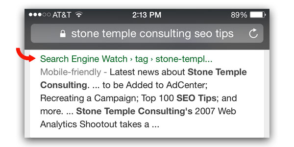 Example of Breadcrumbs in Mobile Search Results