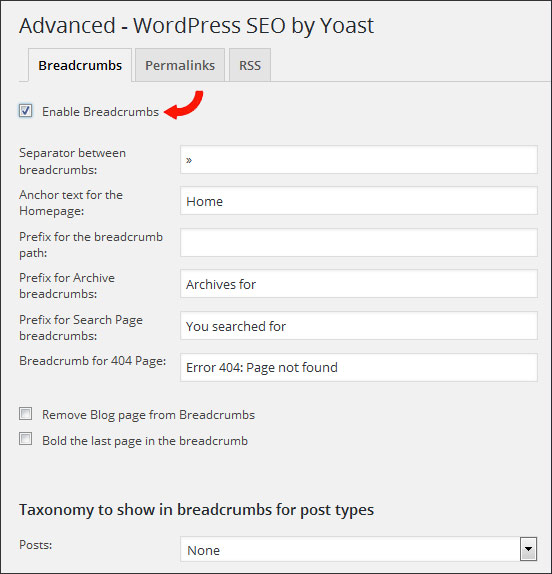 Yoast SEO enabling breadcrumbs