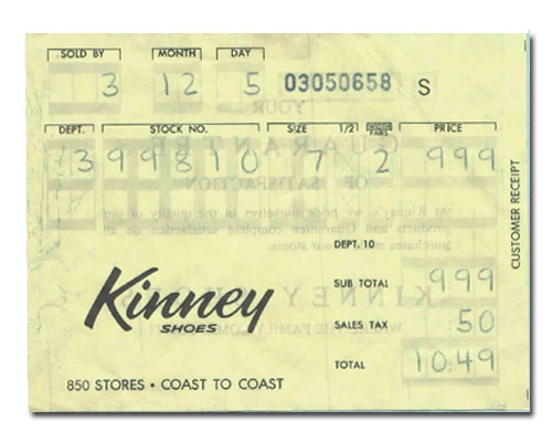 Kinney Shoes sales ticket